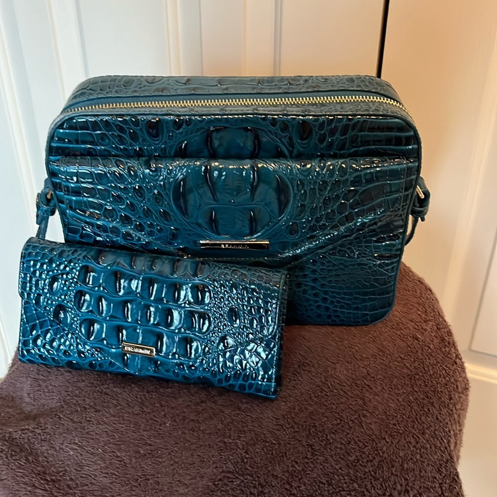 Brahmin teal shoulder bag with wallet.